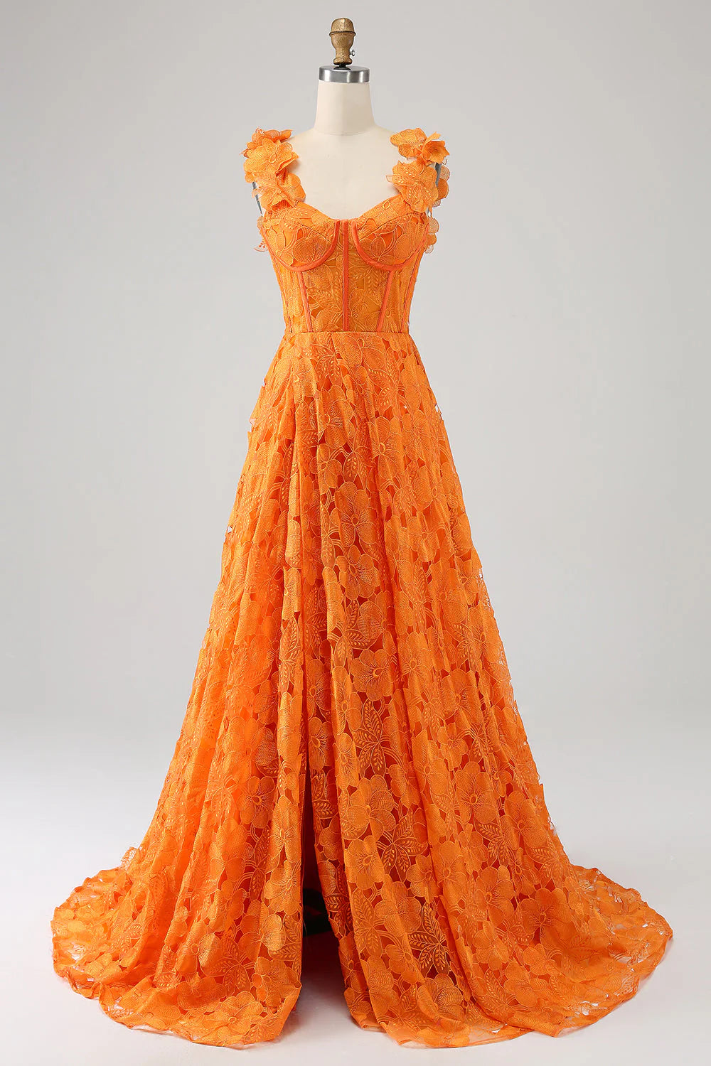 Vestido de fiesta largo de encaje floral con abertura y mangas descubiertas en forma de A